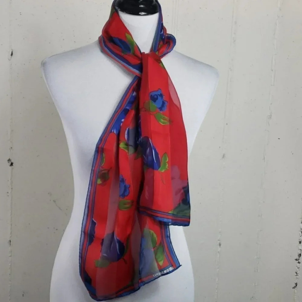 Elaine Gold Oblong Scarf OS Red Blue Floral Rose Sheer Vintage Striped Border